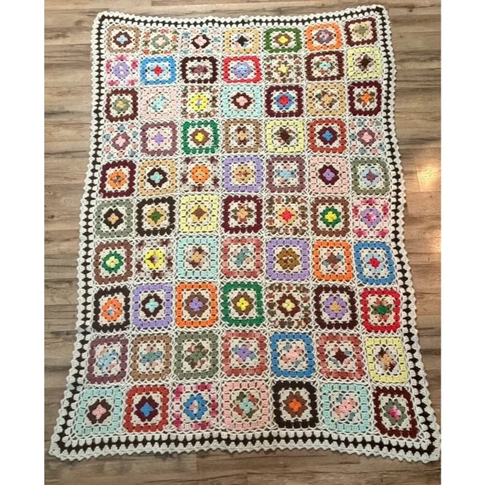 Handmade Crochet Granny Square Afghan Throw Blanket Vintage 50 x 74 Cottagecore